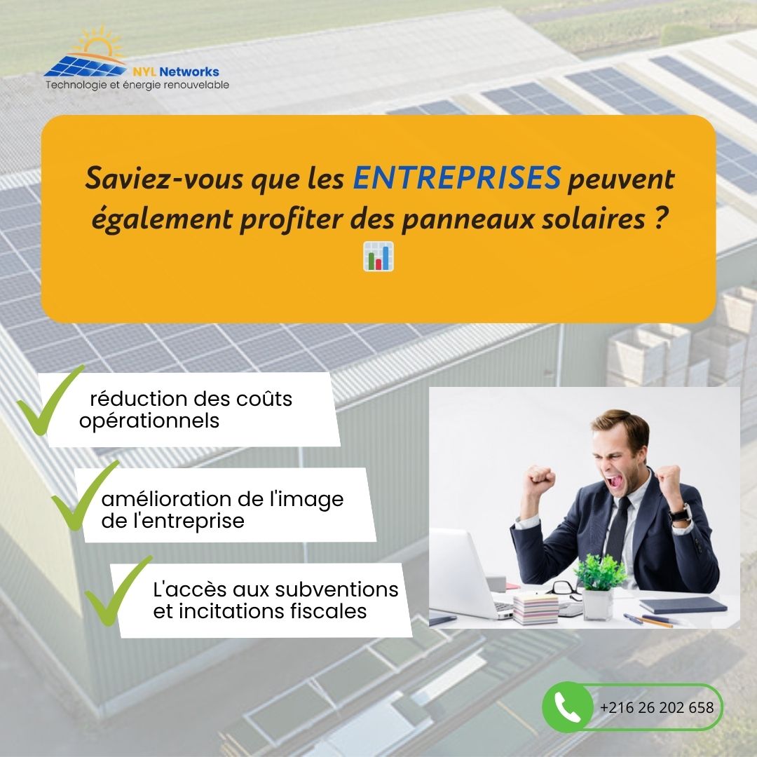 Image promotionnelle de NYL Networks destinée aux entreprises, posant la question : “Saviez-vous que les ENTREPRISES peuvent également profiter des panneaux solaires ?”. Bénéfices indiqués : réduction des coûts, amélioration de l’image, et accès aux subventions.
